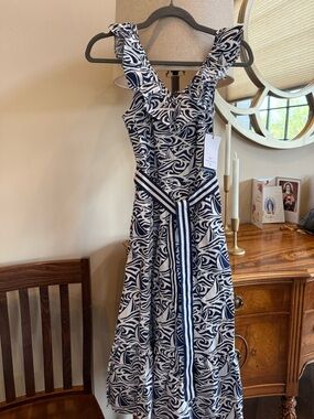 Vineyard Vines Navy and White Ruffle-Trim Maxi Dress with Striped Sash